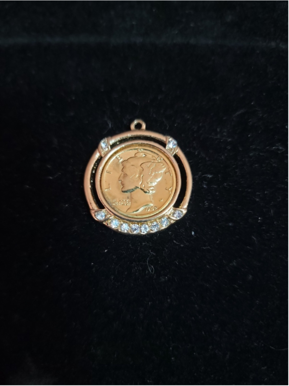 Vintage Mercury Dime Liberty Head Coin Pendant Gold Plated Bezel Rhinestones